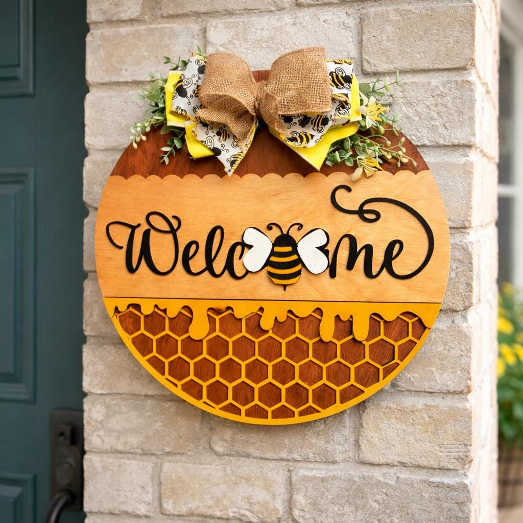 Welcome Honey Bee Wooden Door Sign, Bumble Bee Farmhouse Spring Summer Decor