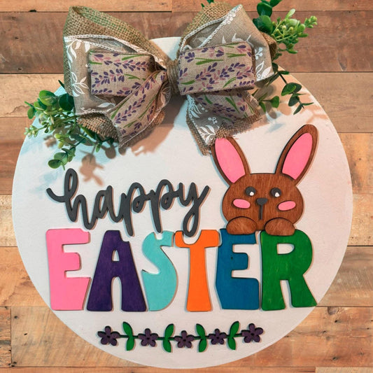 Happy Easter Bunny Door Hanger - 14in Layered Wooden Easter Sign - Spring Wall Decor - Handmade Bunny Wreath - Farmhouse Easter Decoration