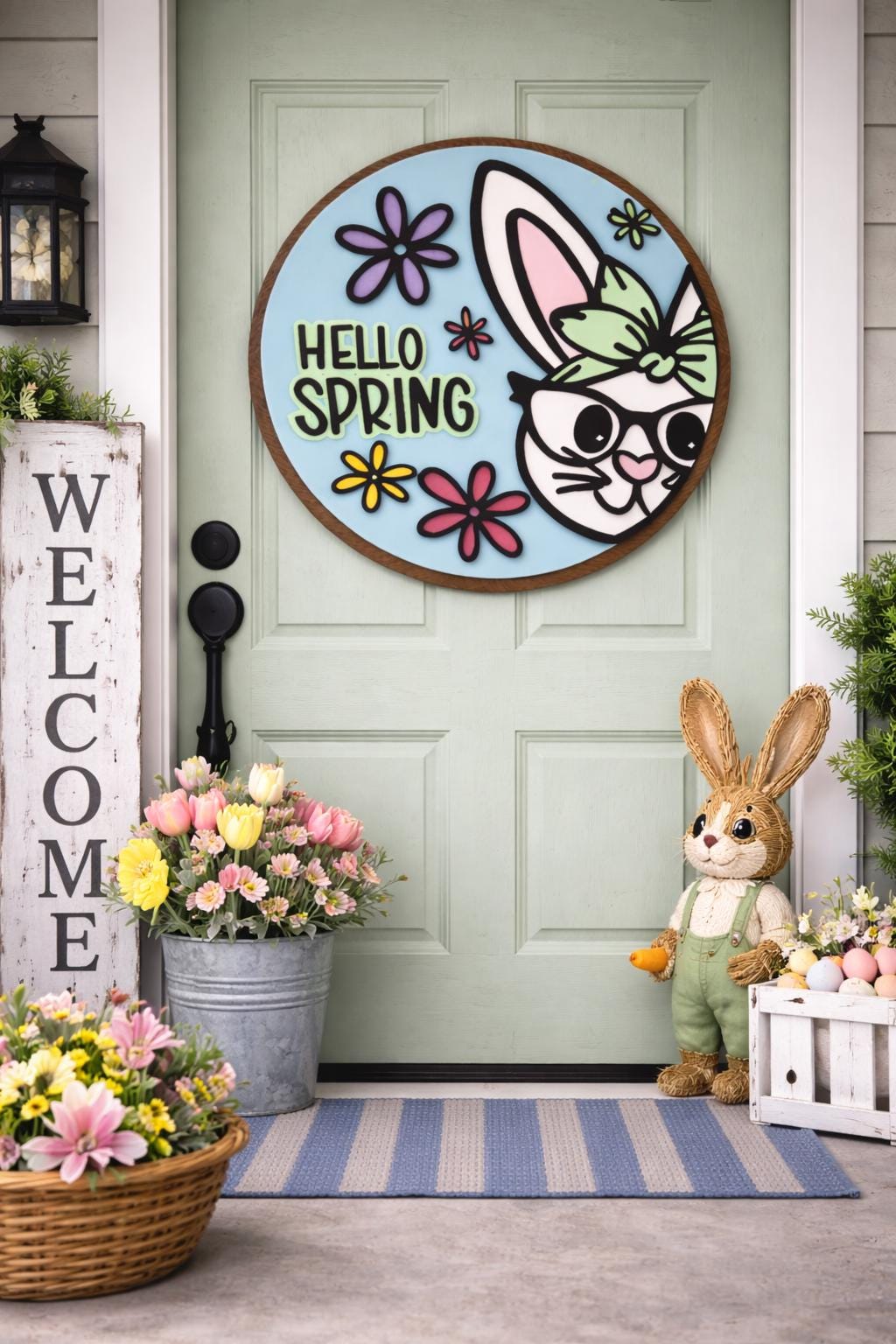 Hello Spring Bunny Sign | Layered Wooden Door Hanger for Spring