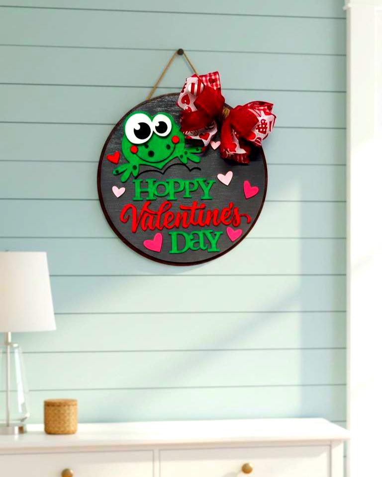 Hoppy Valentine’s Day Wooden Sign | Valentine Door Hanger | Frog Decor | Handmade Holiday Sign Handmade Wood Door Hanger