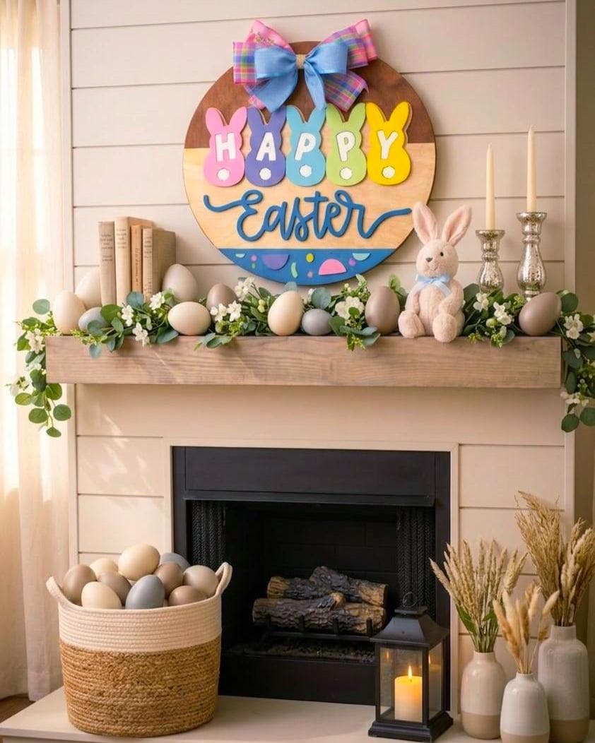 Happy Easter Wooden Sign | Farmhouse Spring Bunny Decor | Handmade Porch Door Hanger / Wall Hanging Seasonal Door Hanger