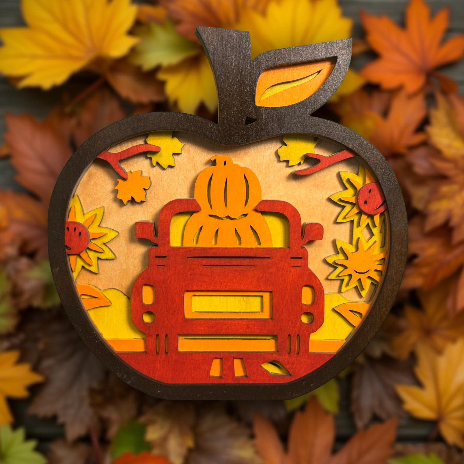 Layered Wooden Apple Truck Sign – Rustic Farmhouse Fall Decor Handmade Seasonal Decor