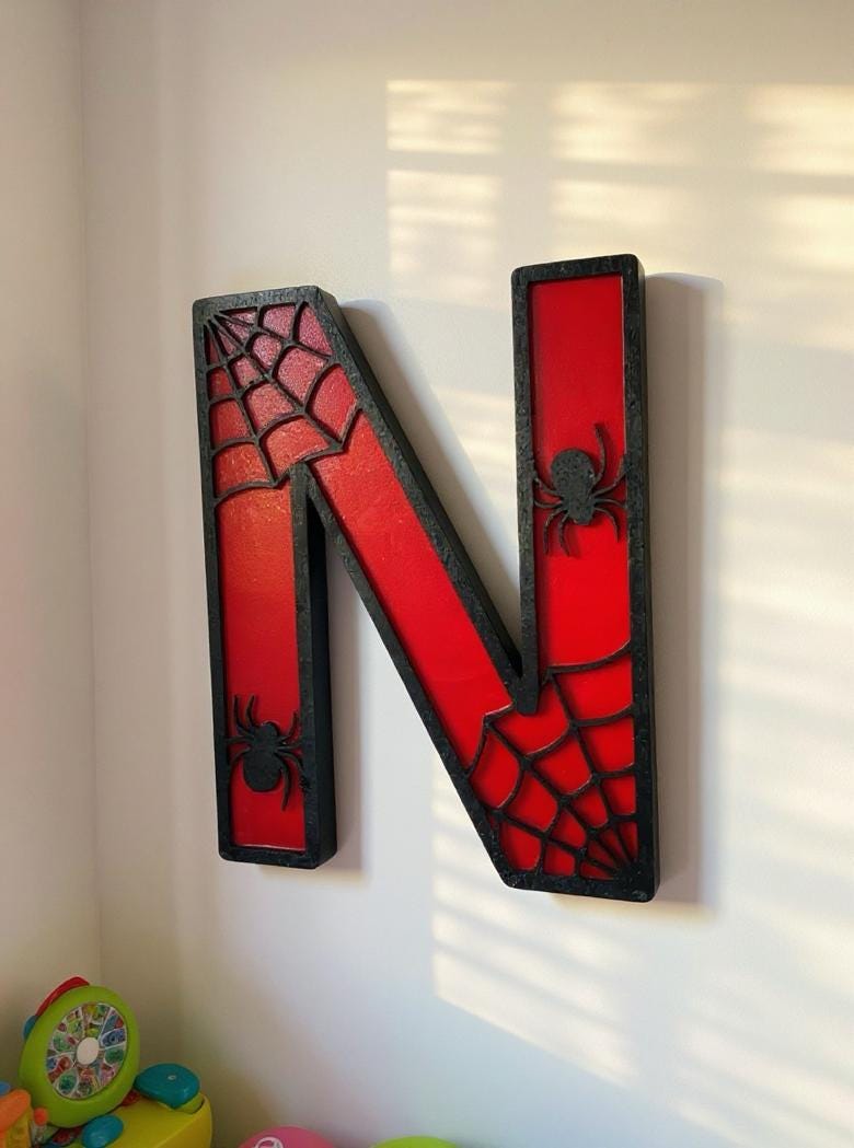 Personalized Spider Web Letter Sign | Handmade Superhero Wooden Wall Decor Handmade 3D Wood Sign