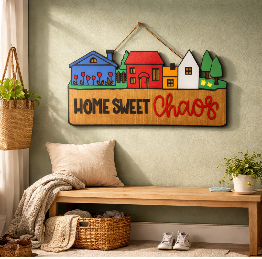 Home Sweet Chaos Sign • Handmade Layered Wood House Scene Decor • Colorful Family Home Gift Handmade 3D Wood Sign