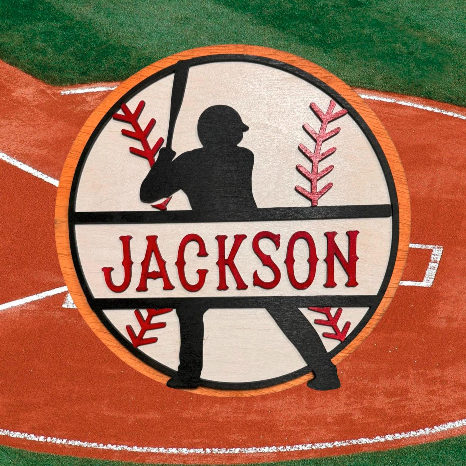 Personalized Baseball Name Sign – Layered Wood Player Silhouette, Sports Decor Handmade 3D Wood Sign
