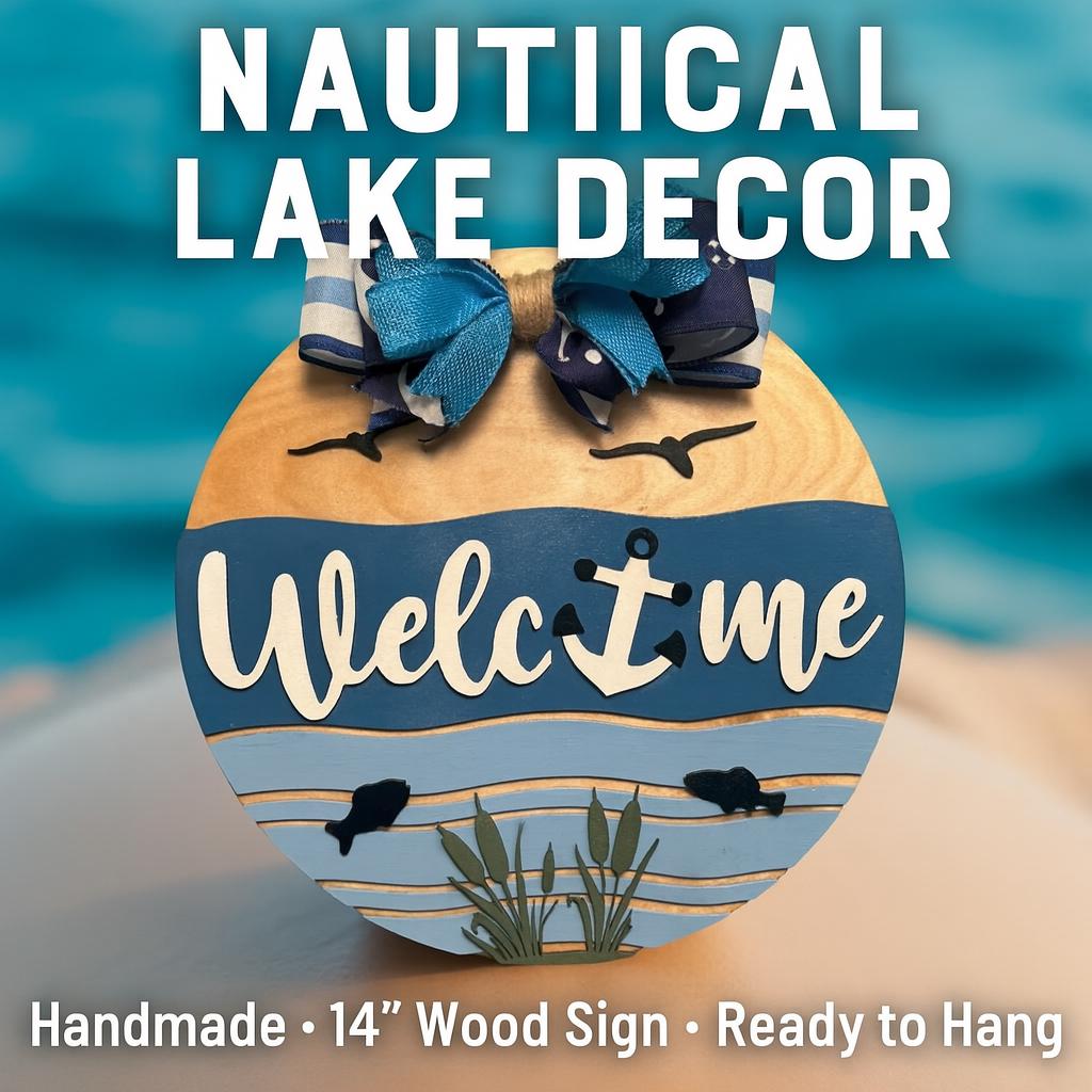 Coastal Welcome Sign | Nautical Wooden Door Hanger | Beach Lake Ocean Waterfront House Decor