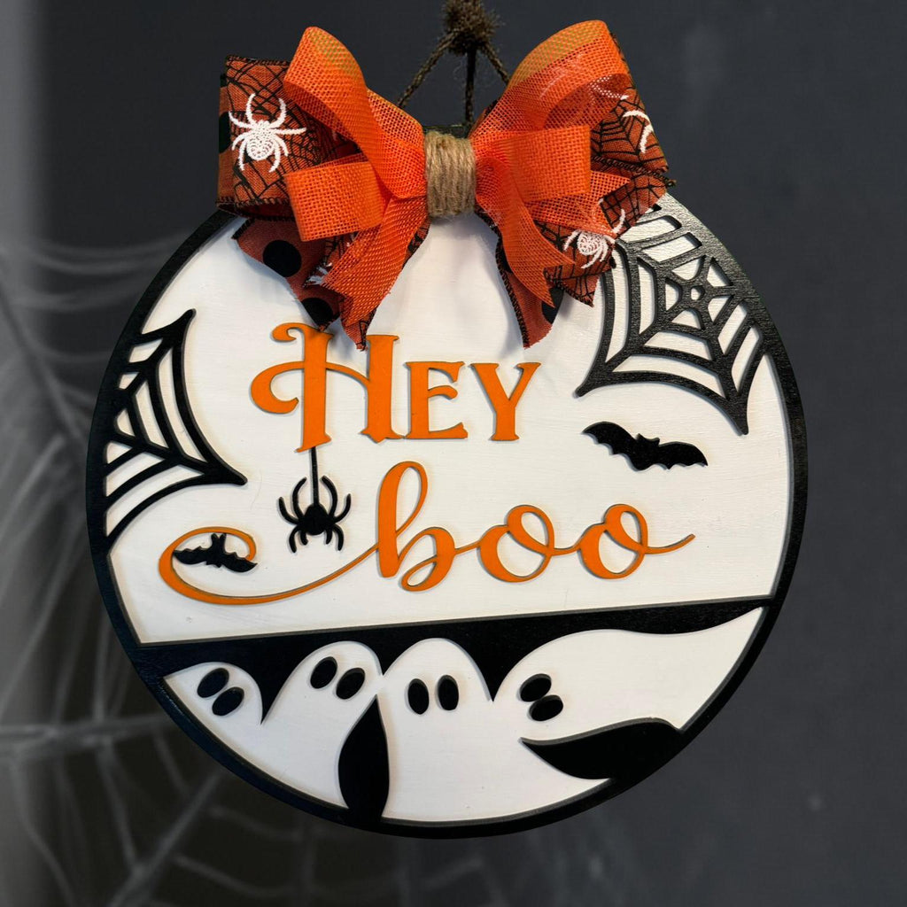 Hey Boo Halloween Door Sign: Layered Ghost & Spider Web Decor Seasonal Door Hanger