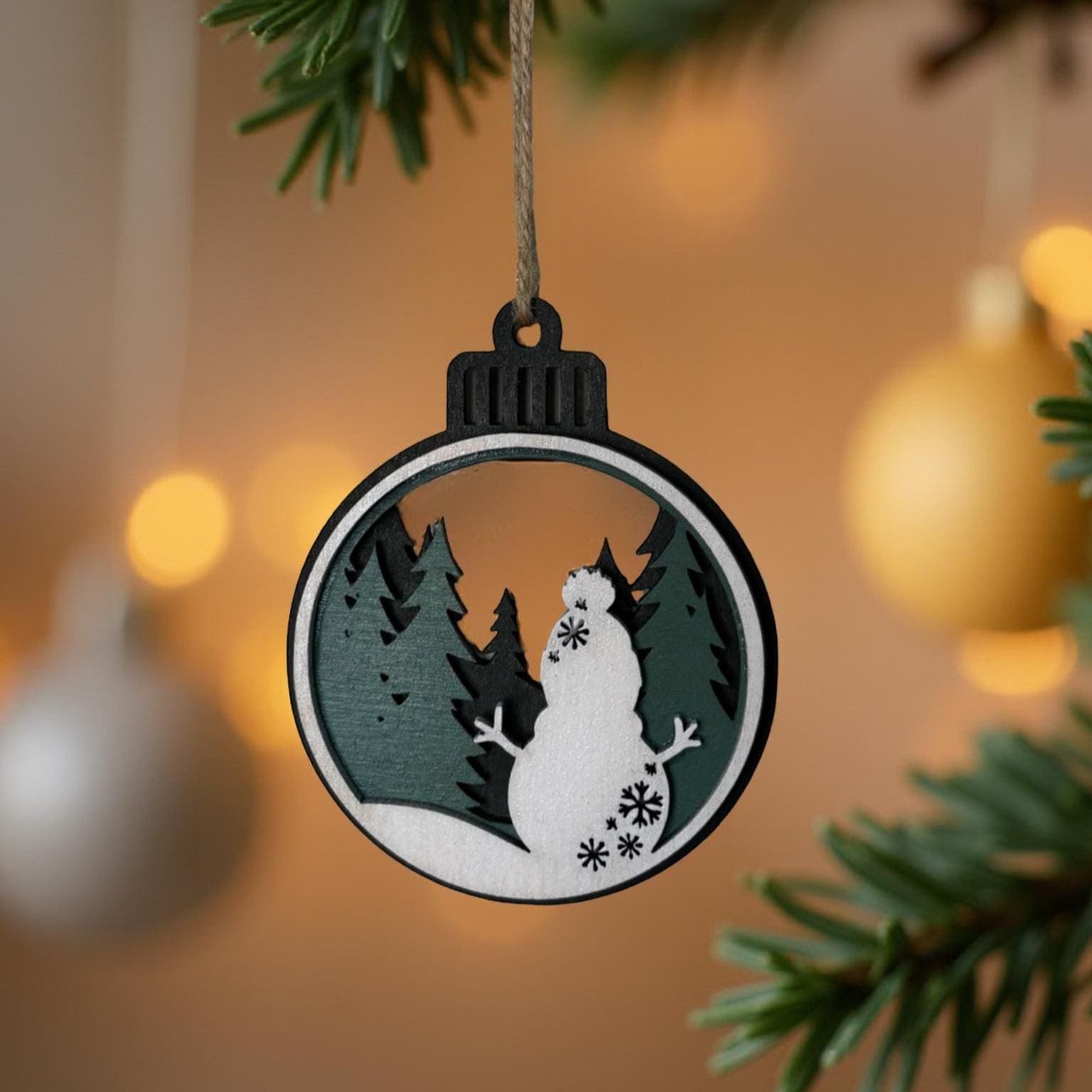 Layered Snowman Ornament – 4” Round Wooden Christmas Tree Scene – Multi Layer Holiday Decoration Handmade Seasonal Decor