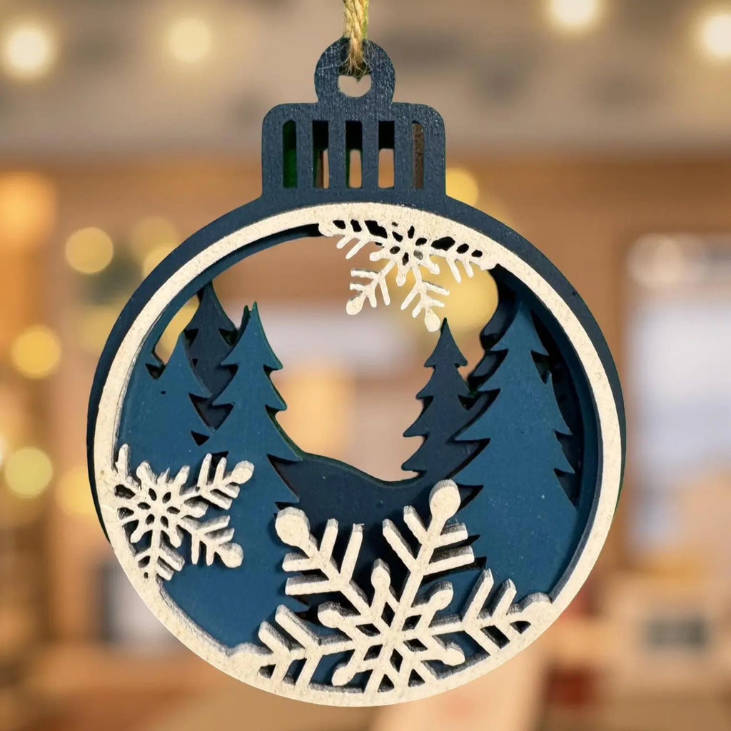 Wooden Christmas Snowflake Ornament – 4" Round Multi-Layer Design – Blue and White Holiday Decoration Handmade Seasonal Decor