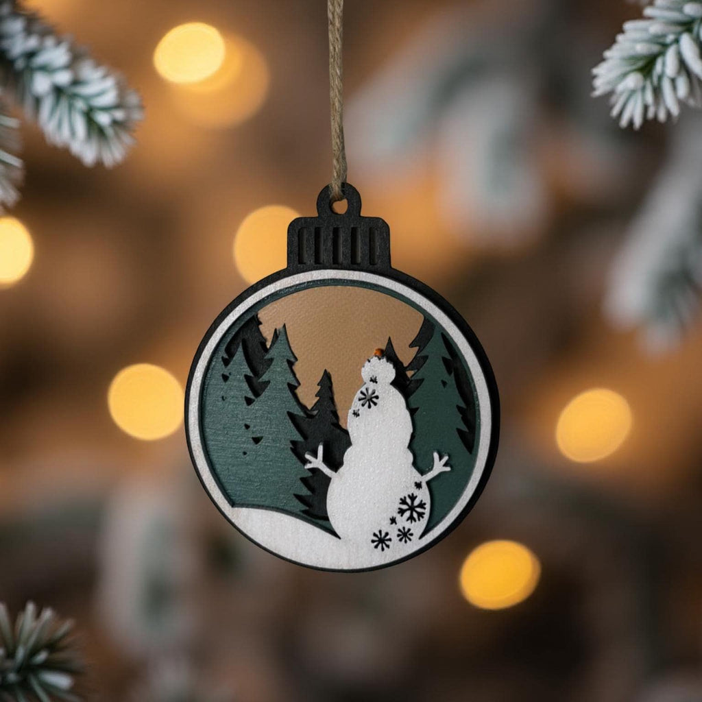 Layered Snowman Ornament – 4” Round Wooden Christmas Tree Scene – Multi Layer Holiday Decoration Handmade Seasonal Decor