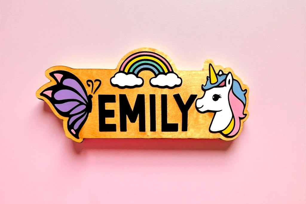 Personalized Unicorn Name Sign – Rainbow Butterfly Wood Decor Custom Kids/Nursery Decor