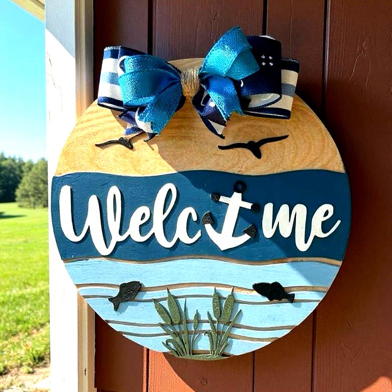 Coastal Welcome Sign | Nautical Wooden Door Hanger | Beach Lake Ocean Waterfront House Decor