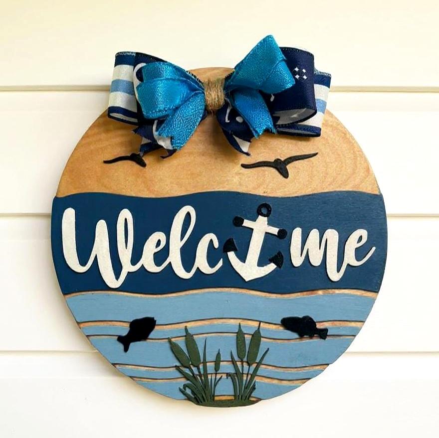 Coastal Welcome Sign | Nautical Wooden Door Hanger | Beach Lake Ocean Waterfront House Decor