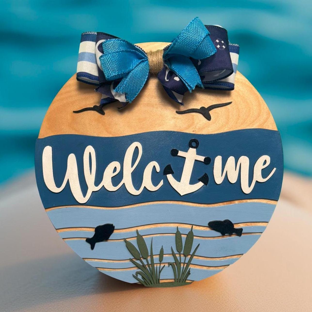 Coastal Welcome Sign | Nautical Wooden Door Hanger | Beach Lake Ocean Waterfront House Decor