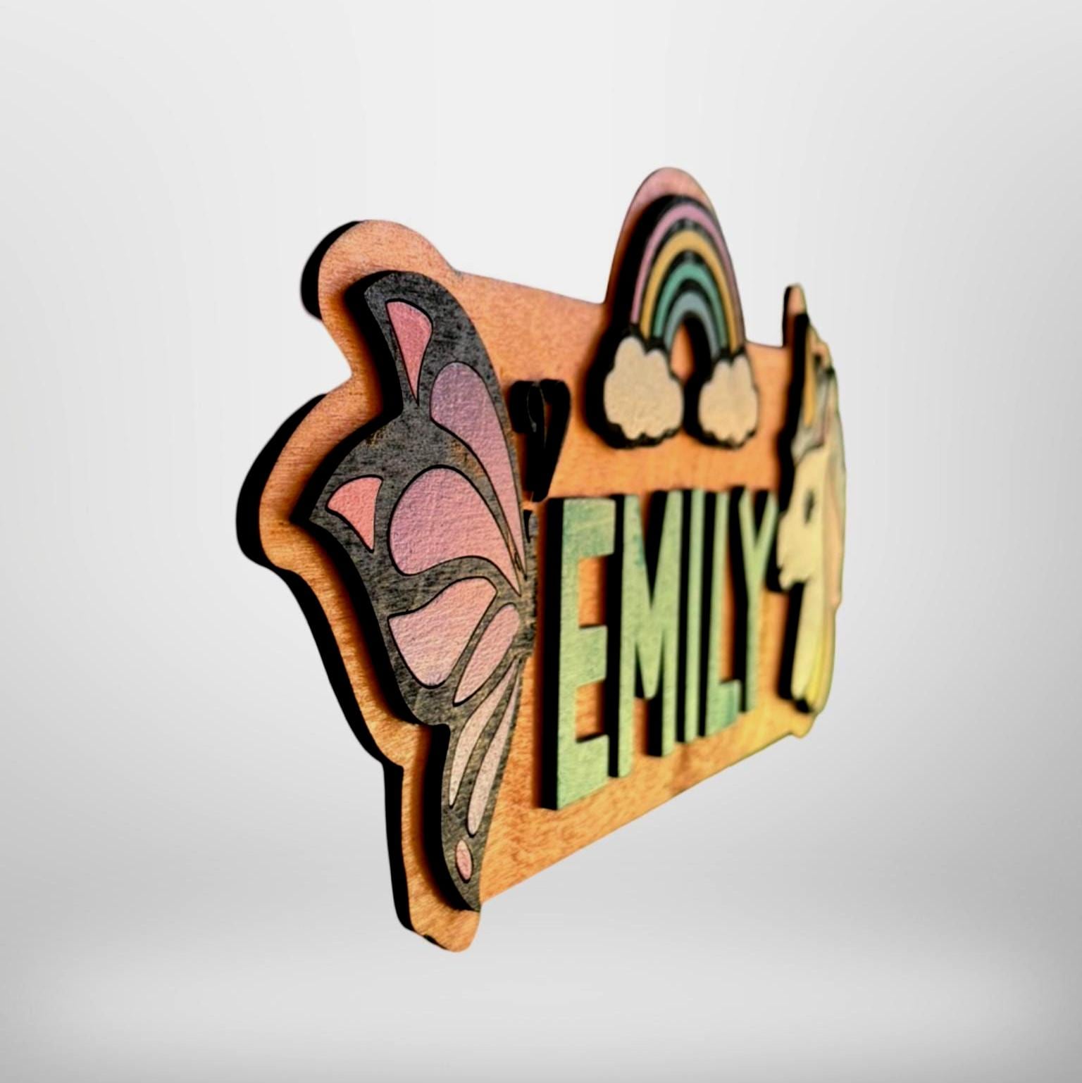 Personalized Unicorn Name Sign – Rainbow Butterfly Wood Decor Custom Kids/Nursery Decor