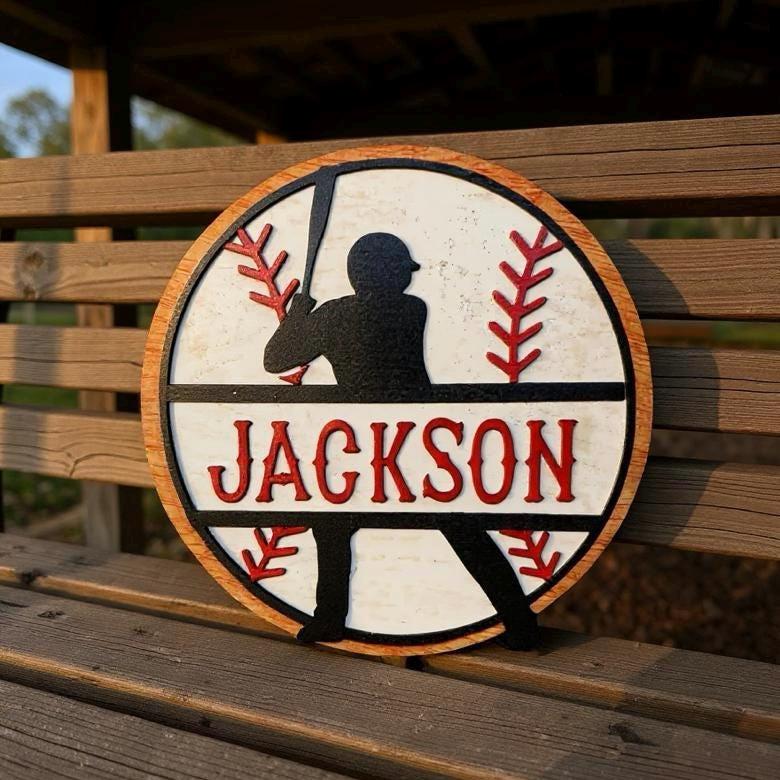 Personalized Baseball Name Sign – Layered Wood Player Silhouette, Sports Decor Handmade 3D Wood Sign