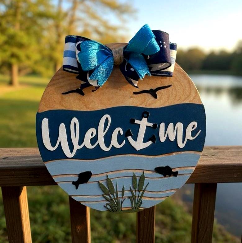 Coastal Welcome Sign | Nautical Wooden Door Hanger | Beach Lake Ocean Waterfront House Decor