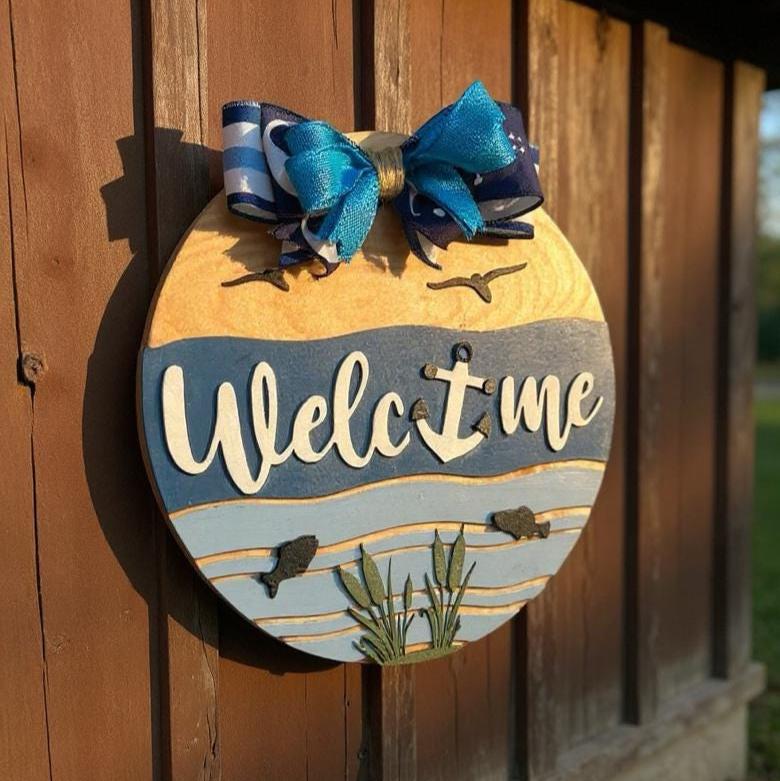 Coastal Welcome Sign | Nautical Wooden Door Hanger | Beach Lake Ocean Waterfront House Decor