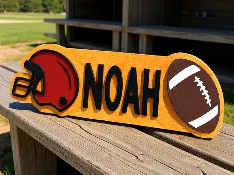 Personalized Football Name Sign – Custom Helmet & Ball Cutouts – Layered Wood Sports Room Wall Decor