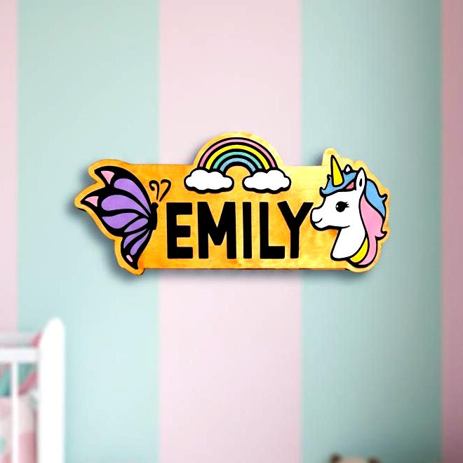 Personalized Unicorn Name Sign – Rainbow Butterfly Wood Decor Custom Kids/Nursery Decor
