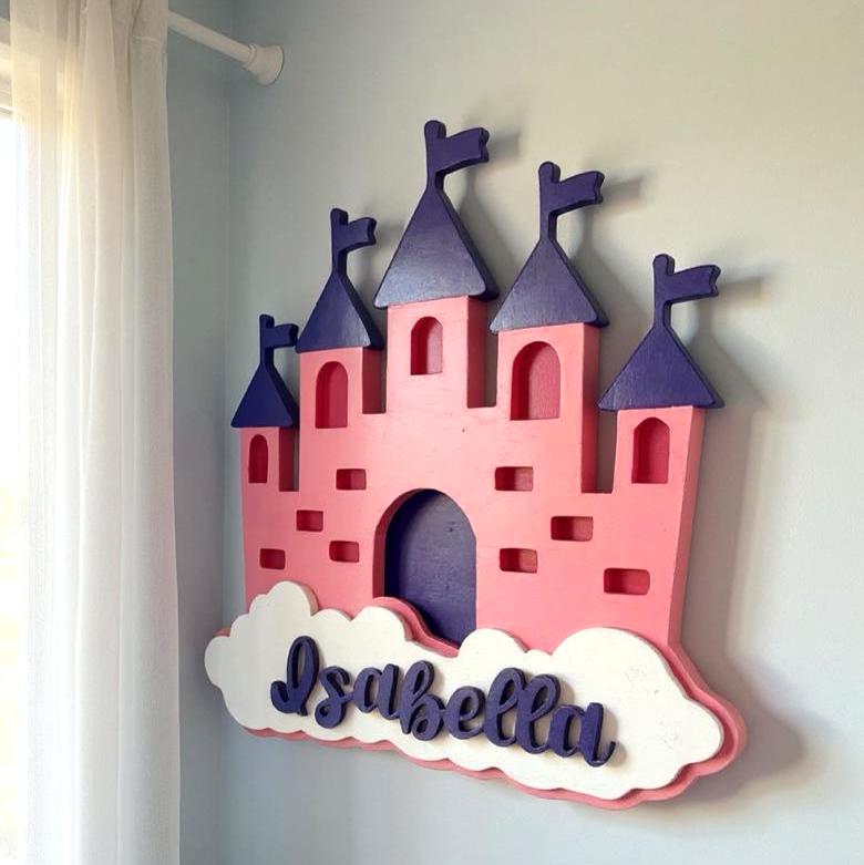 Personalized Princess Castle Sign – Custom Name Wood Wall Decor for Girls Room or Nursery