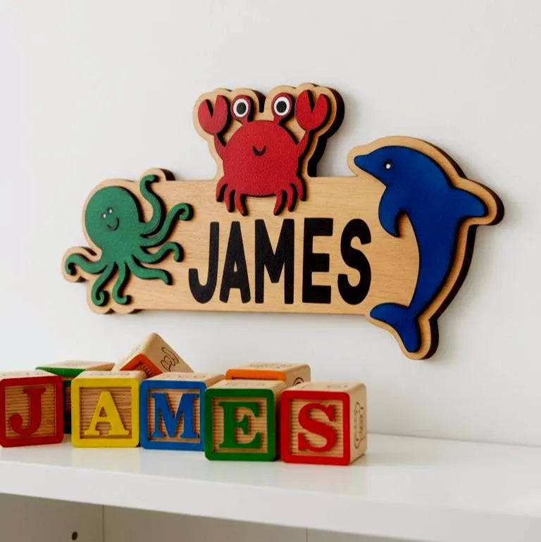 Ocean Animal Name Sign – Personalized Kids Wall Decor – Octopus, Crab & Dolphin Cutouts