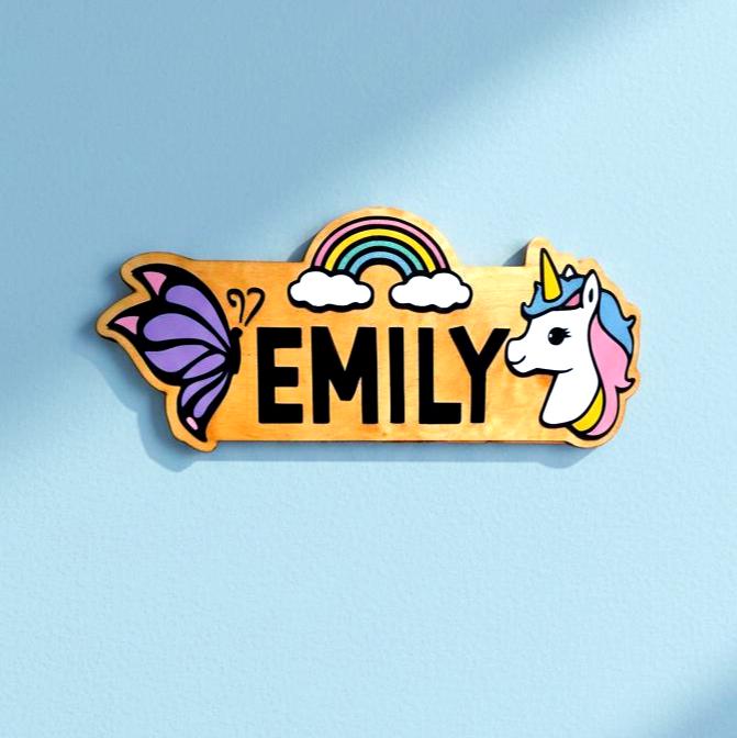 Personalized Unicorn Name Sign – Rainbow Butterfly Wood Decor Custom Kids/Nursery Decor