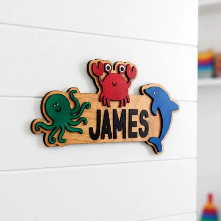 Ocean Animal Name Sign – Personalized Kids Wall Decor – Octopus, Crab & Dolphin Cutouts