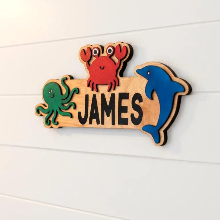 Ocean Animal Name Sign – Personalized Kids Wall Decor – Octopus, Crab & Dolphin Cutouts