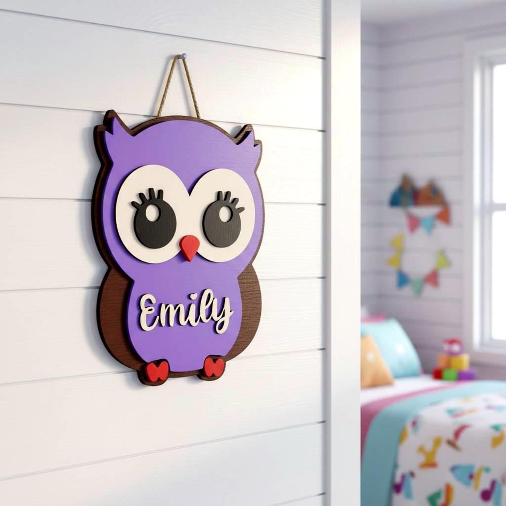 Personalized Owl Name Sign for Nursery, Custom Wooden Decor, Unique Baby & Kids Wall Owl