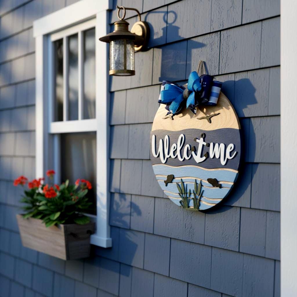 Coastal Welcome Sign | Nautical Wooden Door Hanger | Beach Lake Ocean Waterfront House Decor