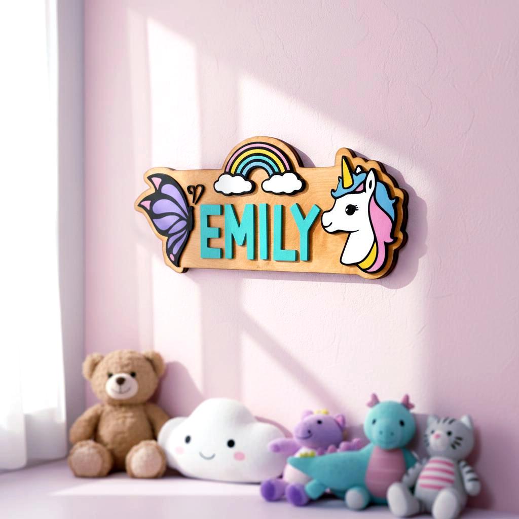 Personalized Unicorn Name Sign – Rainbow Butterfly Wood Decor Custom Kids/Nursery Decor