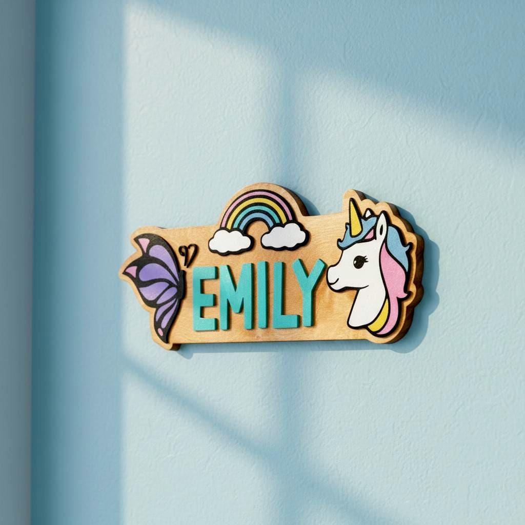 Personalized Unicorn Name Sign – Rainbow Butterfly Wood Decor Custom Kids/Nursery Decor