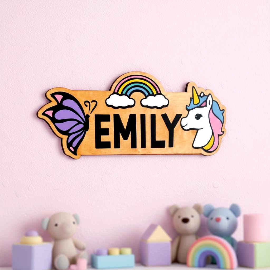 Personalized Unicorn Name Sign – Rainbow Butterfly Wood Decor Custom Kids/Nursery Decor