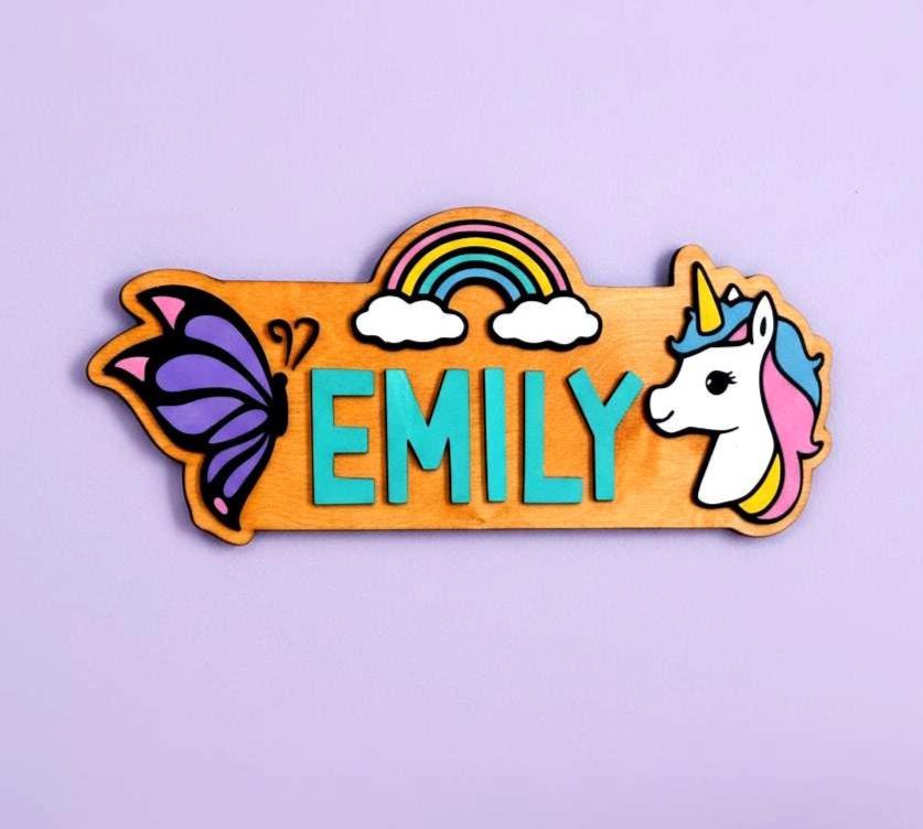 Personalized Unicorn Name Sign – Rainbow Butterfly Wood Decor Custom Kids/Nursery Decor