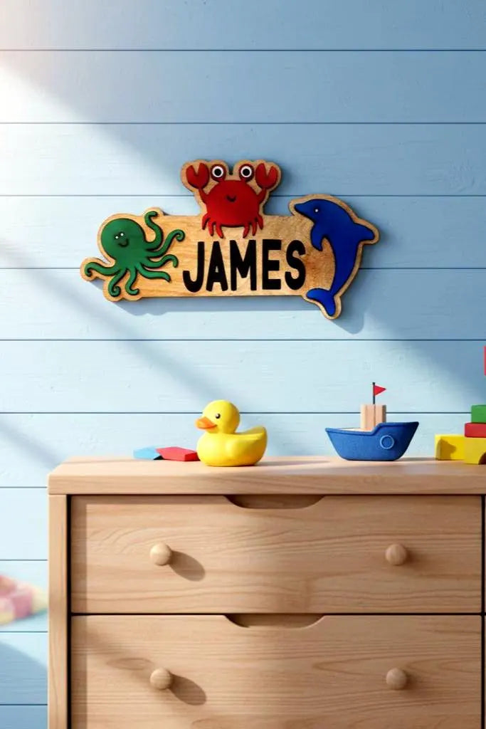 Ocean Animal Name Sign – Personalized Kids Wall Decor – Octopus, Crab & Dolphin Cutouts