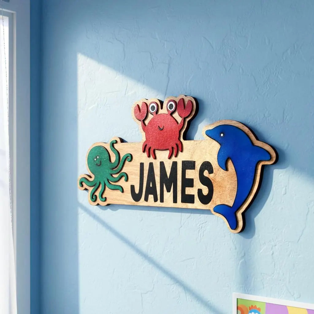Ocean Animal Name Sign – Personalized Kids Wall Decor – Octopus, Crab & Dolphin Cutouts