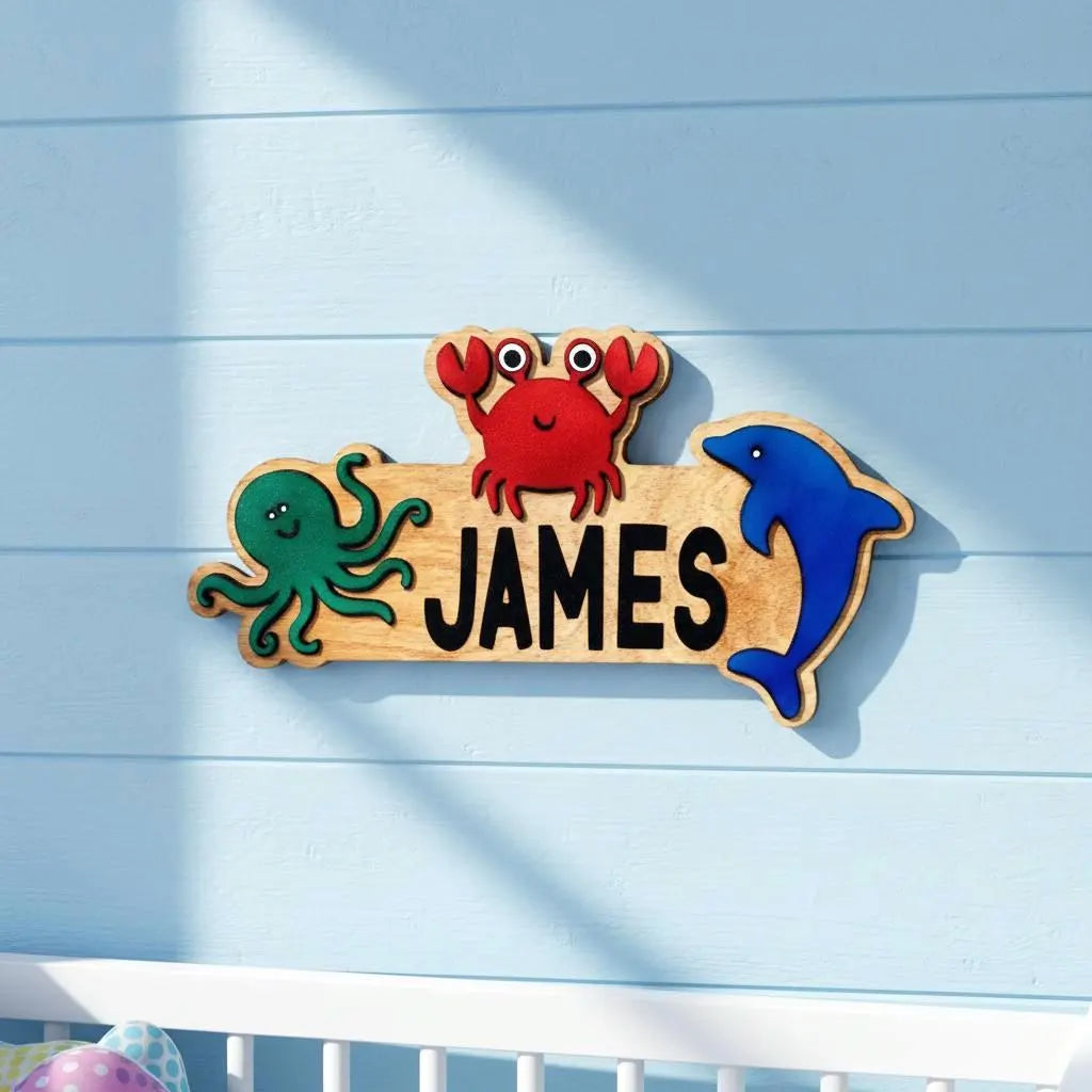 Ocean Animal Name Sign – Personalized Kids Wall Decor – Octopus, Crab & Dolphin Cutouts