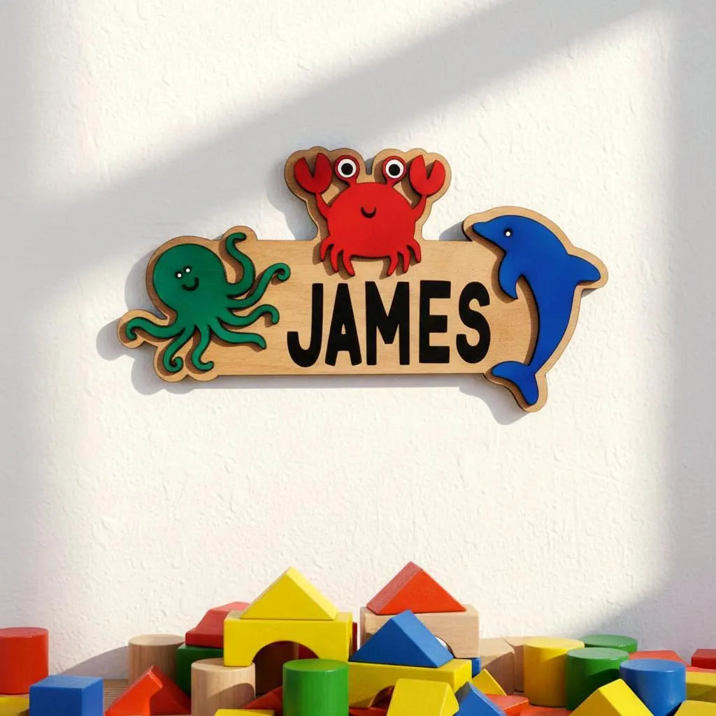 Ocean Animal Name Sign – Personalized Kids Wall Decor – Octopus, Crab & Dolphin Cutouts