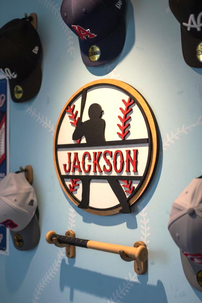 Personalized Baseball Name Sign – Layered Wood Player Silhouette, Sports Decor Handmade 3D Wood Sign