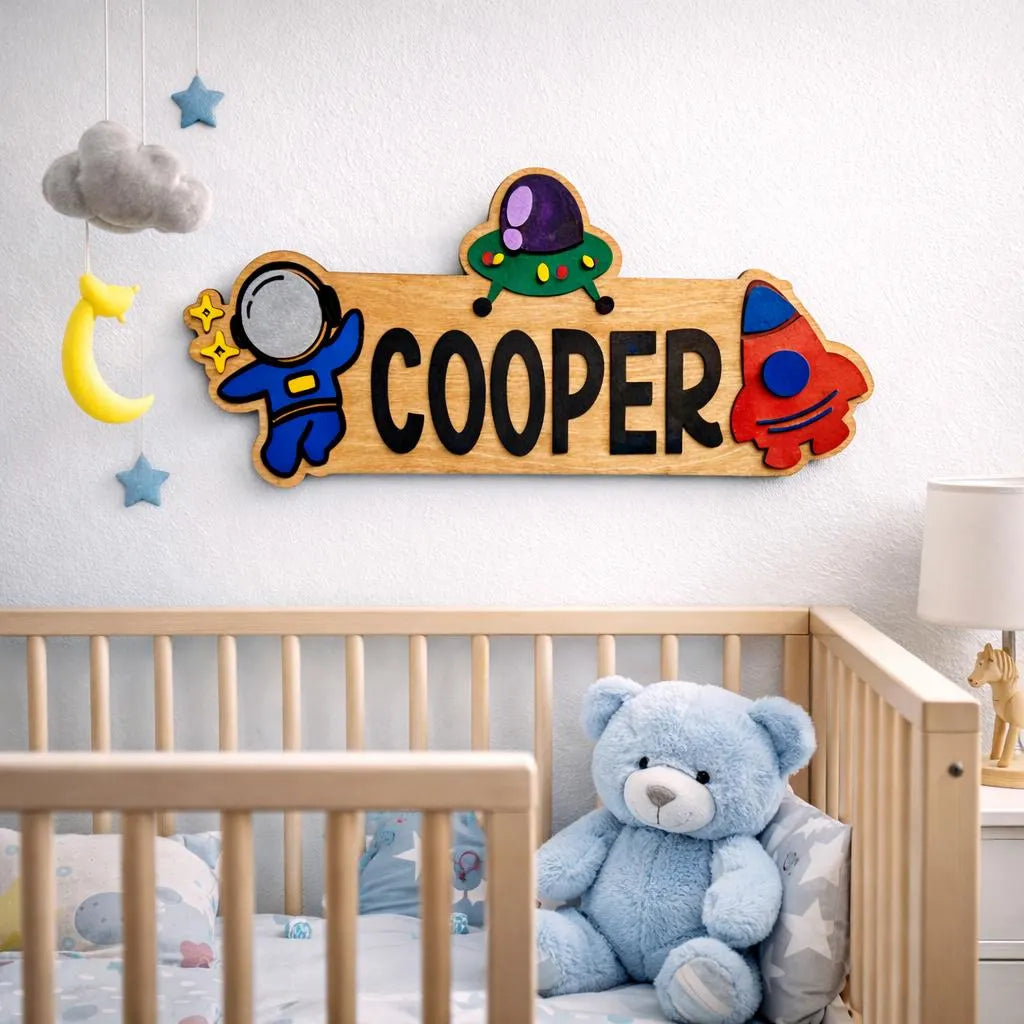 Space Themed Name Sign – Personalized Astronaut & Rocket Wall Decor – Layered Wood Kids Room Gift