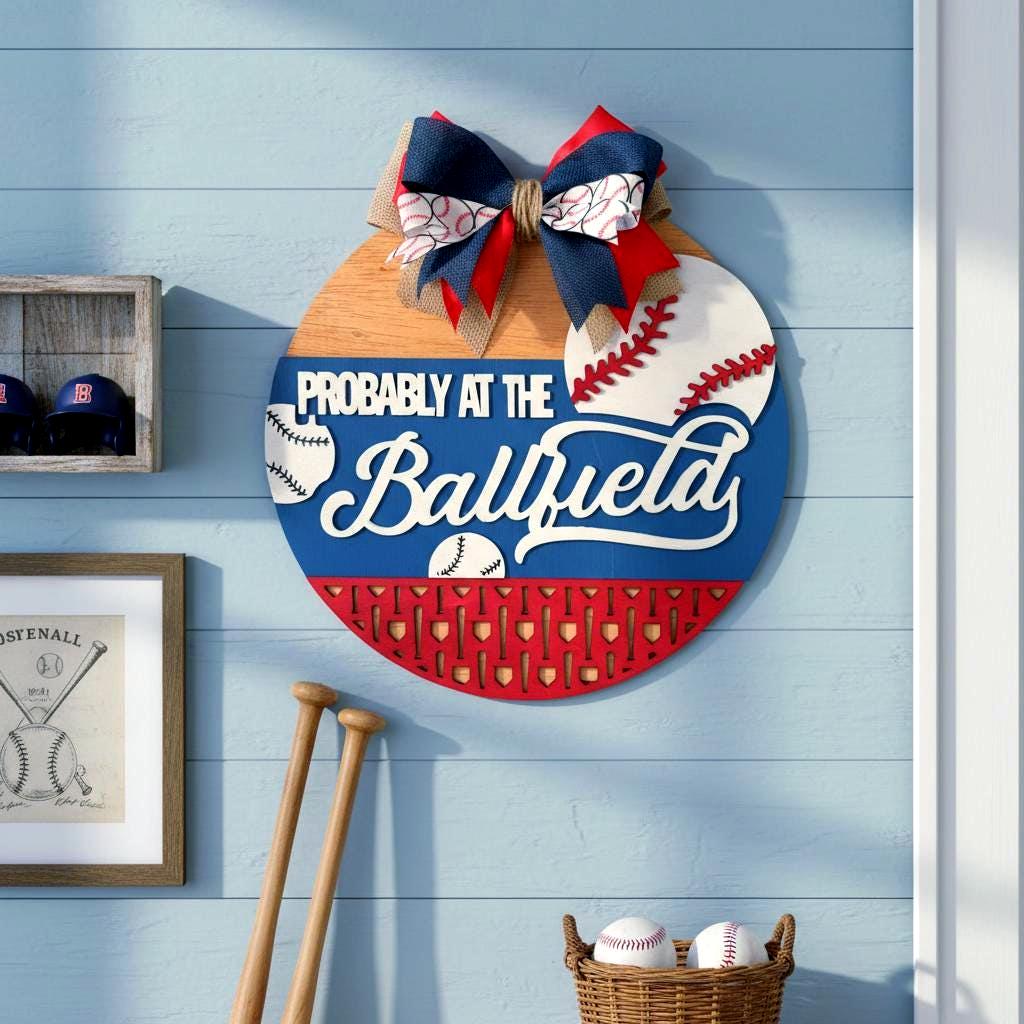 Baseball Sign Probably at the Ballfield: Multi-Layered Wooden Decor with Bow
