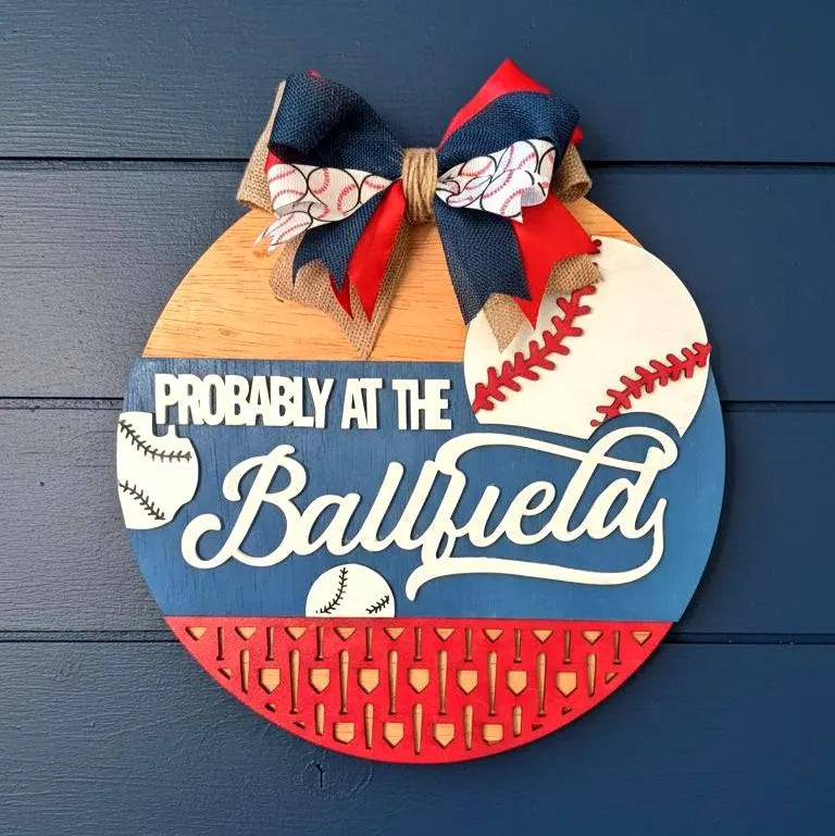 Baseball Sign Probably at the Ballfield: Multi-Layered Wooden Decor with Bow