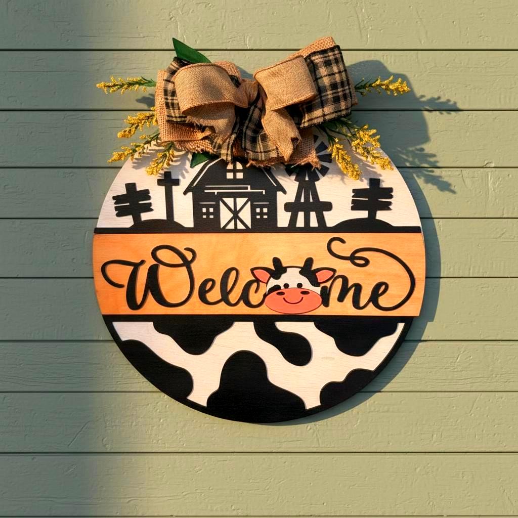 Farmhouse Cow Welcome Sign – Round Wooden Door Hanger with Bow – Country Porch Decor