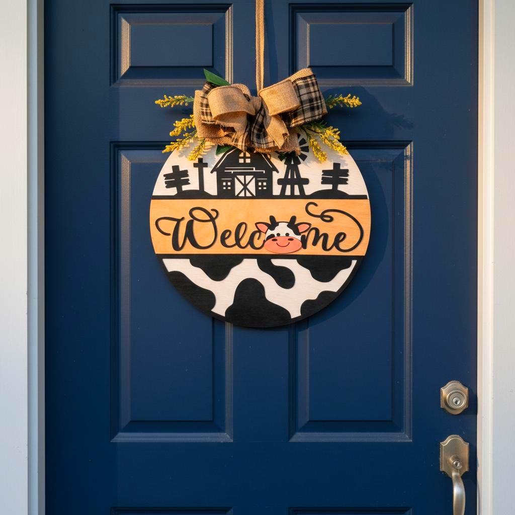 Farmhouse Cow Welcome Sign – Round Wooden Door Hanger with Bow – Country Porch Decor