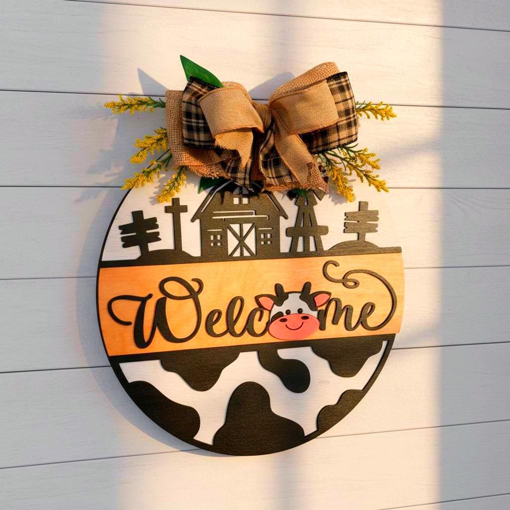 Farmhouse Cow Welcome Sign – Round Wooden Door Hanger with Bow – Country Porch Decor