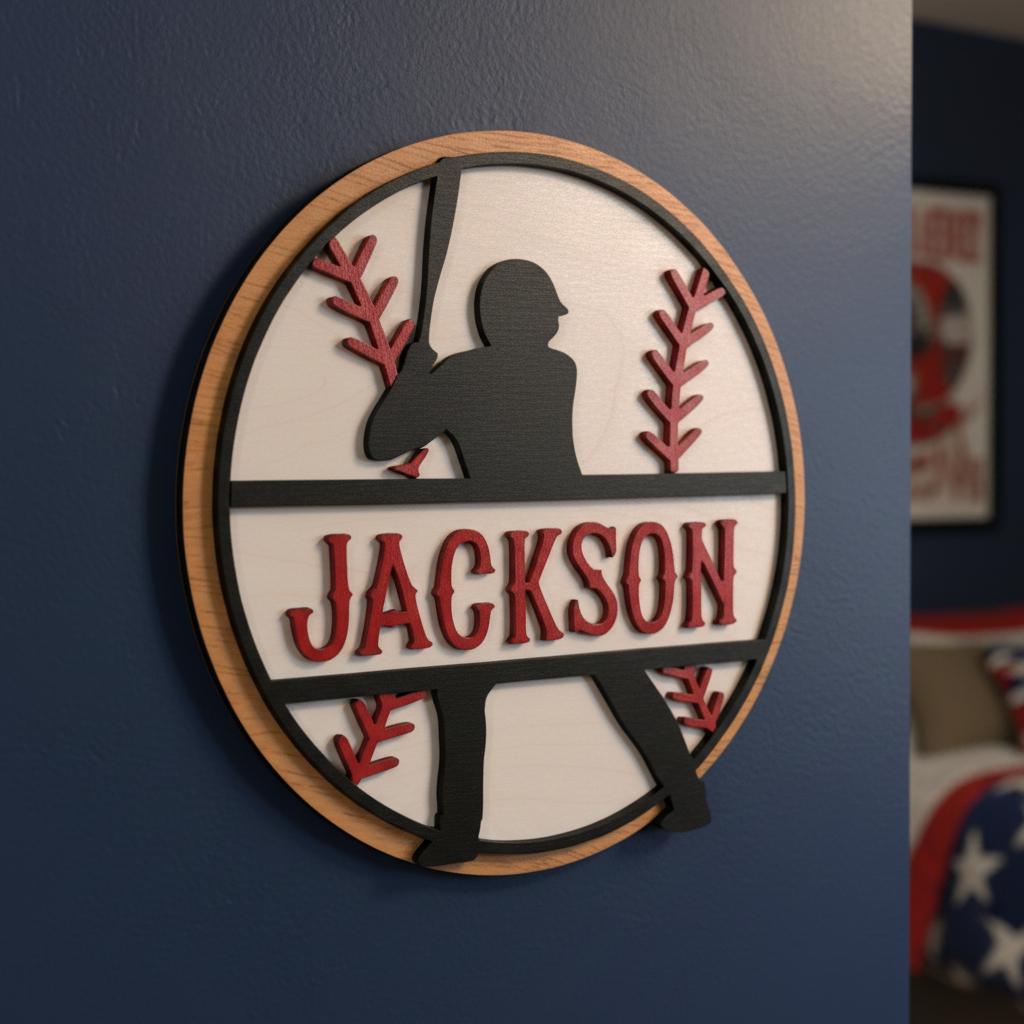 Personalized Baseball Name Sign – Layered Wood Player Silhouette, Sports Decor Handmade 3D Wood Sign