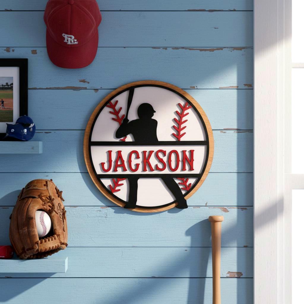 Personalized Baseball Name Sign – Layered Wood Player Silhouette, Sports Decor Handmade 3D Wood Sign
