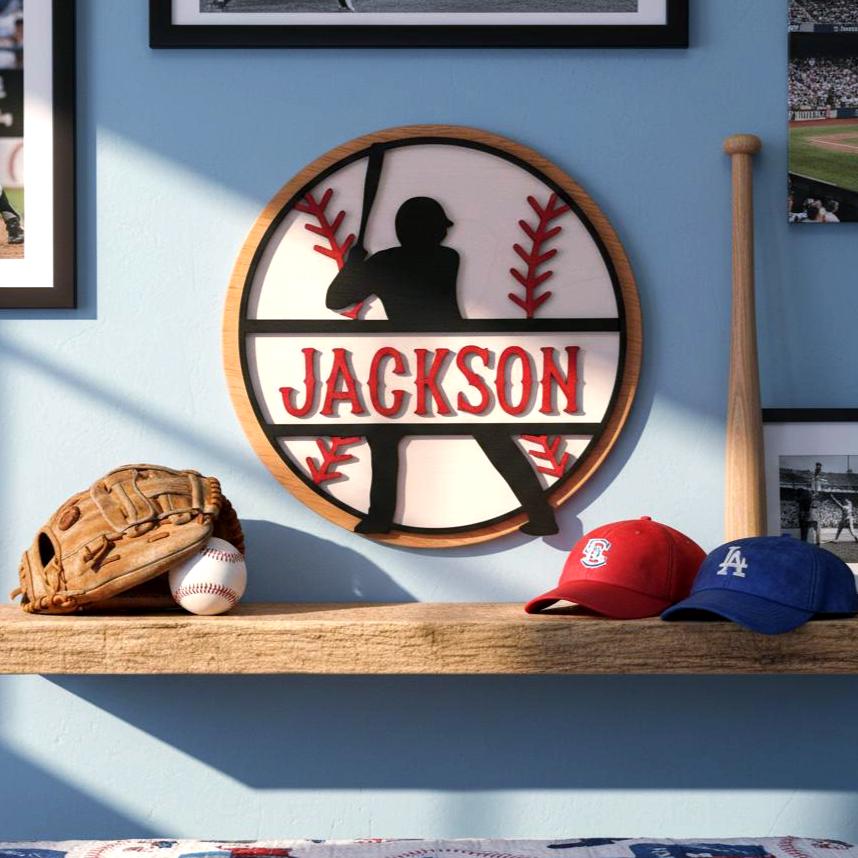 Personalized Baseball Name Sign – Layered Wood Player Silhouette, Sports Decor Handmade 3D Wood Sign