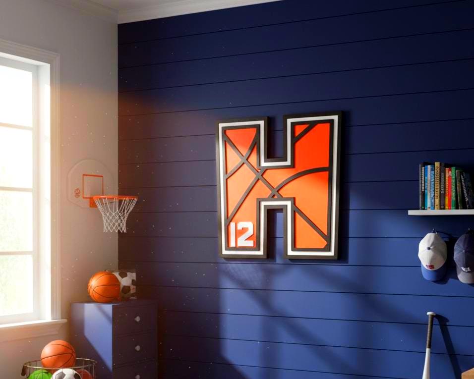 Personalized Basketball Letter Sign: Custom Jersey Letter & Number, Multiple Layer Wood Handmade 3D Wood Sign
